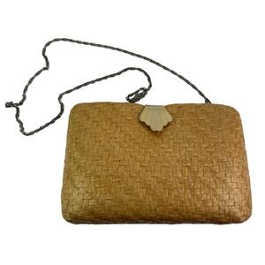 Straw Basket Weave Crossbody Handbag Purse Clutch Vtg Rigid Gold Clasp 60's 70's